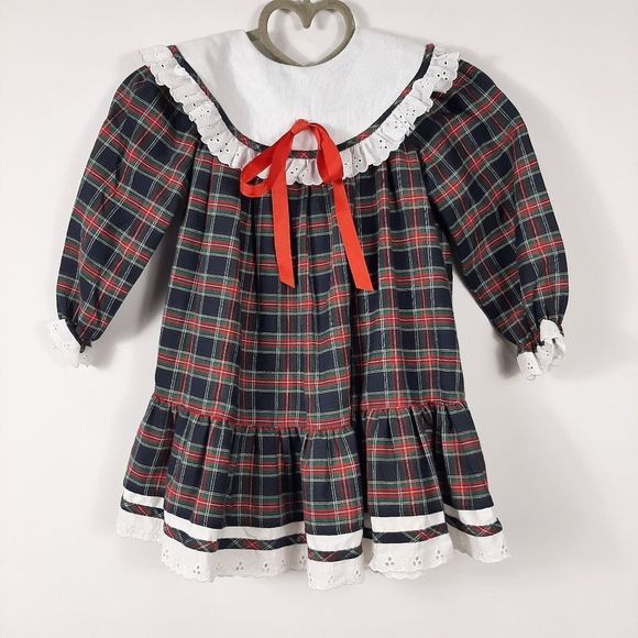 Vintage Winnie The Pooh Plaid Dress Girls 5 Bishop Eyelet Lace Collar Prarie USA - Picture 6 of 6